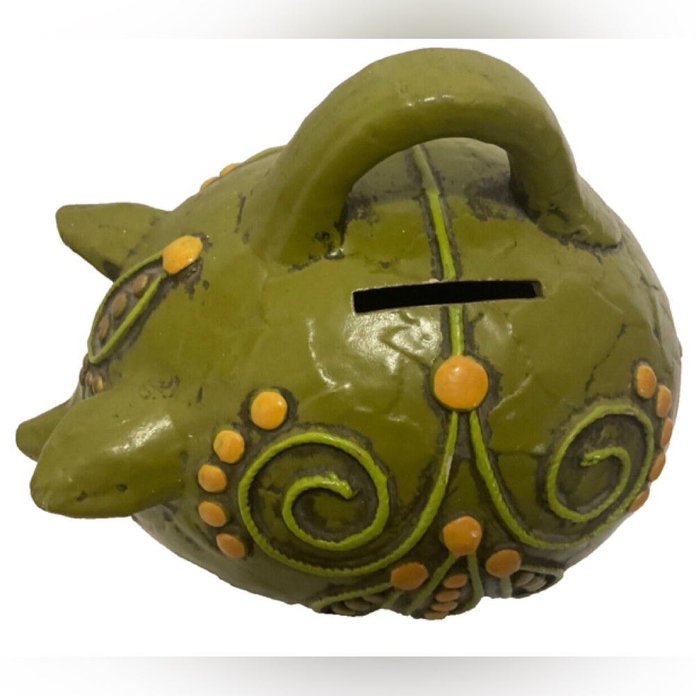Fitz & Floyd Yellow & Green Piggy Bank 1960s Papier Mache Daisy Eyes